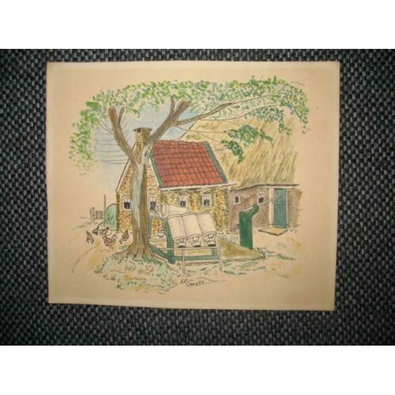 Tekening- Prent- Boerderij Huisje Gekleurd?? Mooi Vintage