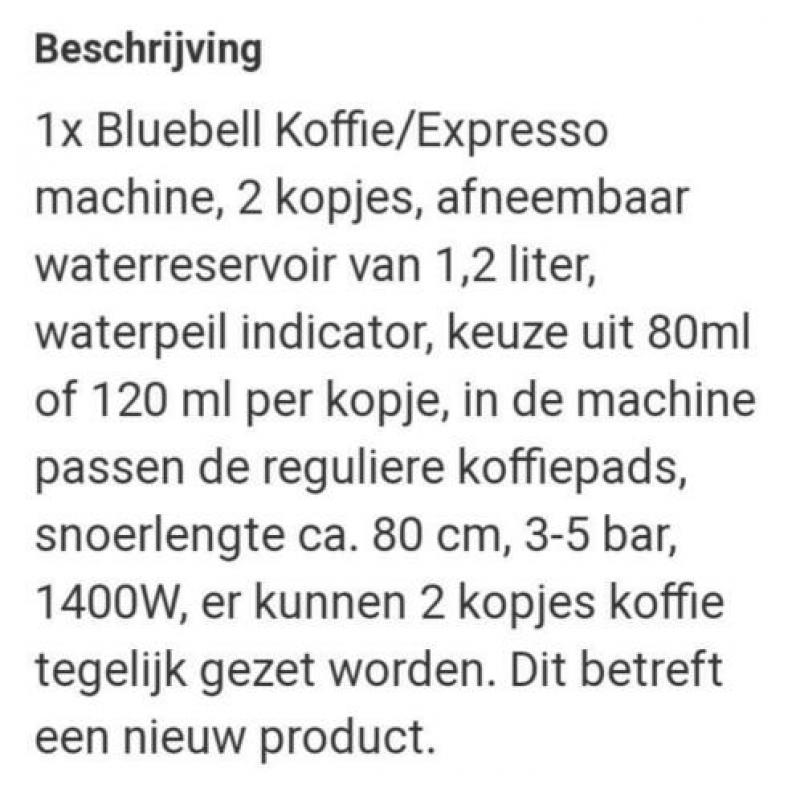 Nieuw in doos bluebell koffie/expresso machine