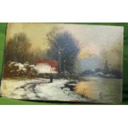 olieverf schilderij op paneel gesigneerd. winterlandschap