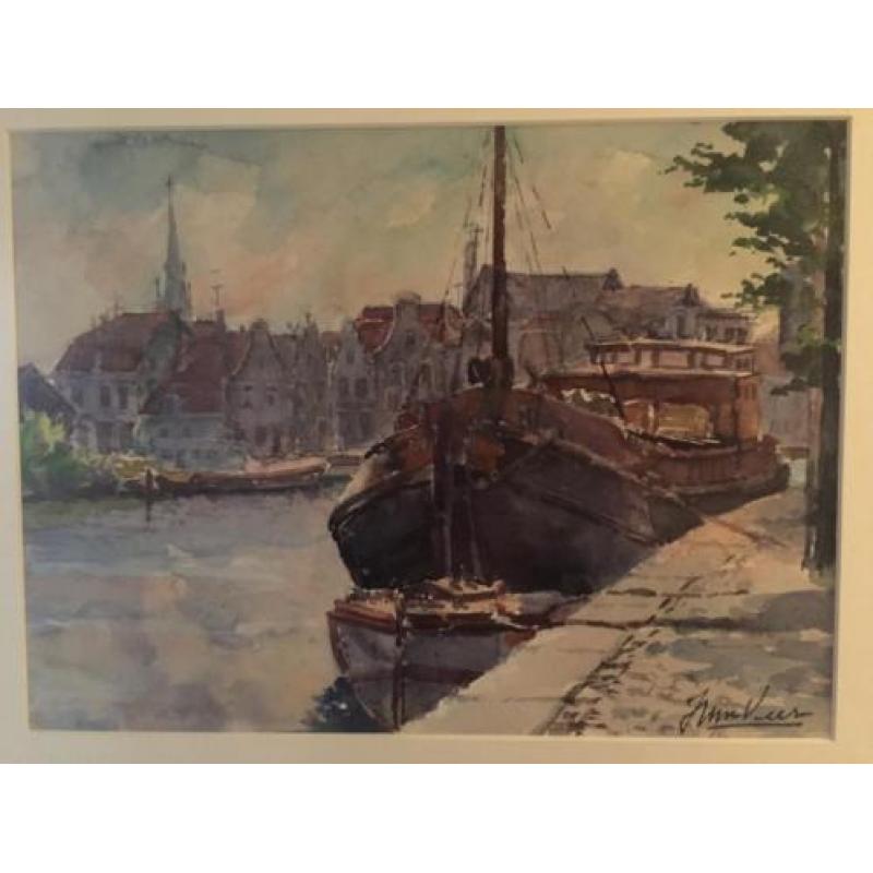 aquarel boot in water Spaarne Haarlem Spaarnekerk J vd Veer