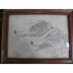 Antieke PotloodTekening 2 Honden Gesigneerd J Koekebacker