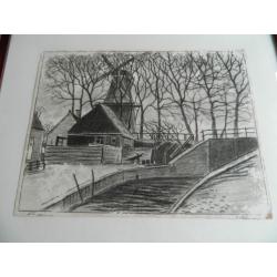 Zwart/wit tekening / schilderij J. Pietersen? dokkum + lijst