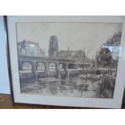 oude pentekening rotterdam de kolk laurenskerk spoorbrug